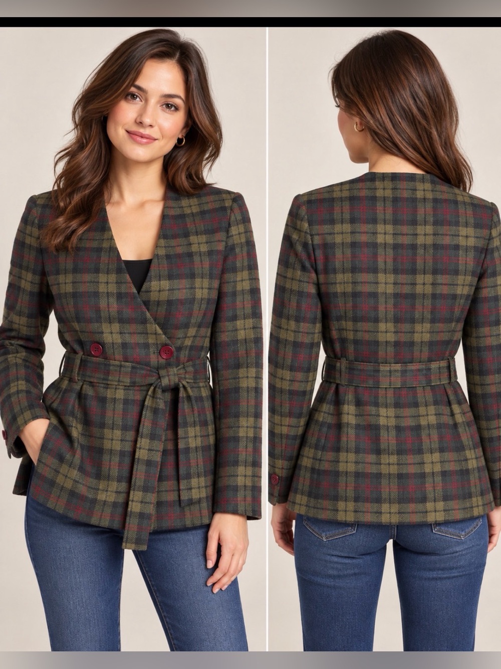 Jones New York Petite 2P Plaid Wool Belted Blazer Jacket Green Red Vintage Style